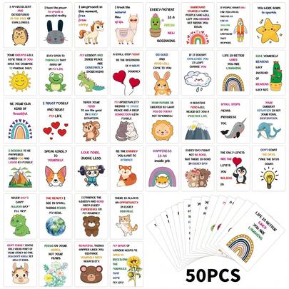 50pcs Positive Affirmation Cards, Whimsical Illustrations Inspirational Cards For Daily Encouragement, Lunch Box Note Cards, Motivational Quote Cards For Women Men, Inspirational Gifts
