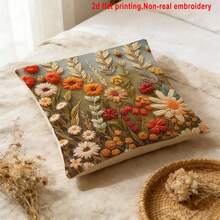 1pc Vintage Embroidered Floral Pattern Home Decor Throw Pillow Cover, 2D Flat Print Forest Style Wild Flower Cushion Cover, Bedroom Home Decor Pillow Sham, Polyester Square Single-Sided Print Pillow Case, Machine Washable, Zipper Closure, Pillow Insert Not Included, 45*45cm - Multicolor - View 5
