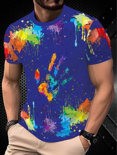 男士涂鸦棕榈树印花T恤，休闲短袖圆领T恤，夏季男士户外服装