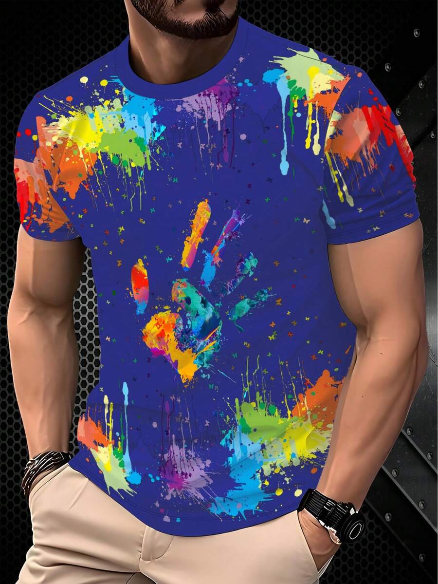 男士涂鸦棕榈树印花T恤，休闲短袖圆领T恤，夏季男士户外服装 - 彩色 - 查看 1