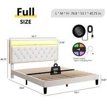 LED Bed Frame With Storage Shelf Headboard, Velvet Upholstered Bed Frame With Charging Station, Modern Bed Frame With Diamond Tufted Headboard, No Box Spring Needed, White/ Black, Full/ Queen/ King  (USB LED Strip) - 白色 - 查看 8