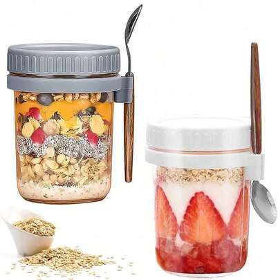1pc Overnight Oats Glass Cup With Lid And Spoon, Mason Jar Sealed Breakfast/Salad/Yogurt Cup