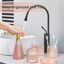 5-Piece Pink Glass Bathroom Accessories Set, Includes Triangle Soap/Lotion Dispenser, Soap Dish, Toothbrush Holder, Tumbler & Cotton Swab Jars,Modern Crystal Decor For Bathroom - Housewarming Gift - 粉色 - 查看 6