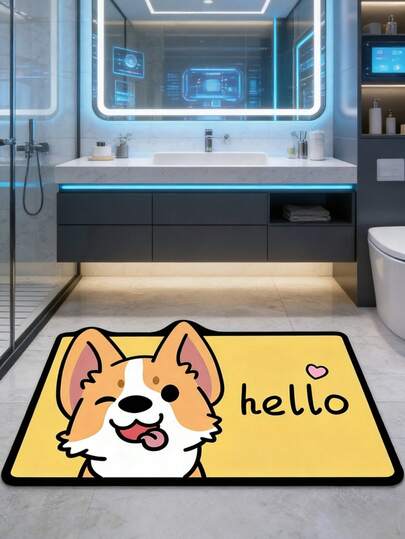 1 件装可爱柯基图案浴室地垫，萌萌的柯基眨眼表情搭配亮黄色背景，瞬间点亮浴室/玄关，宠物爱好者的福音，访客一见倾心。可机洗，不褪色、不卷边，清洁轻松便捷。浴室地垫、浴室地毯、门垫、小地毯、地毯、地板垫、家居装饰、区域地毯、户外地垫、卧室地毯、可水洗地毯