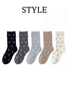 1/5 Pair (Random Delivery) Women Cute Heart Pattern Mid-Calf Socks, Gentle And Versatile For Spring/Autumn Daily Wear - Multicolor - View 3