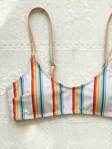 Adjustable Strap V-Neck Sexy Bikini Set, Bohemian Style Red & Blue Striped, Suitable For Beach Vacation - Multicolor - View 4