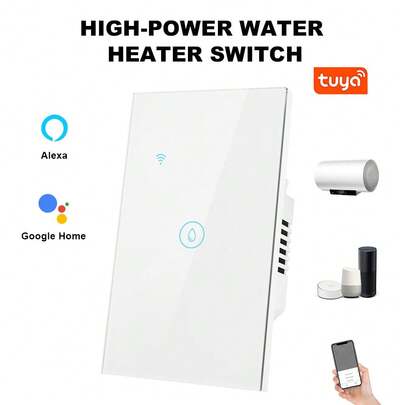 美规40A ZigBee智能热水器开关 – 8000W大功率，兼容Alexa/Smart Life/涂鸦智能，支持APP远程和语音控制，具备定时和倒计时功能，支持群组控制和共享，钢化玻璃面板，超薄9mm设计，背光开关，需搭配网关使用。