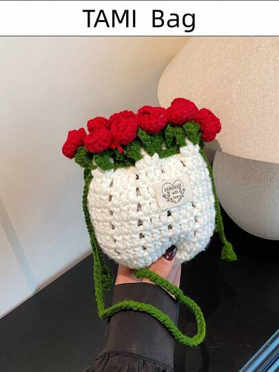 Borsa a secchiello fatta a mano all'uncinetto con rose, borsa a tracolla floreale carina, mini borsa femminile per donna