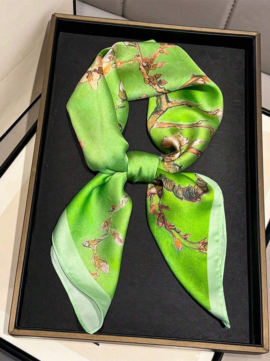 1条65*65厘米方形丝巾，女士缎面丝绸仿梵高杏花印花，多功能，可作领巾、头巾、披肩。 - 彩色 - 查看 1