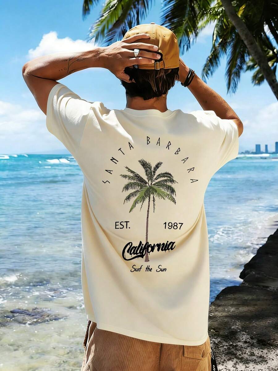 Playero | Nueva camiseta de manga corta de cuello redondo con estampado de letras de árbol de coco para hombre, ropa casual de vacaciones