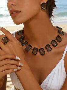 三件套奢华复古几何镀金合金仿烟晶长方形大宝石项链耳环戒指首饰套装，优雅适合派对、通勤、约会等场合。 - 金黃色+透明灰 - 查看 10