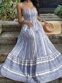 Đầm maxi Vuslat dành cho nữ, kiểu dáng bohemian lãng mạn, họa tiết hoa nhí, dây đeo điều chỉnh được, viền bèo nhún, phù hợp cho đi làm hàng ngày, hẹn hò buổi tối, đám cưới, tiệc sinh nhật - Thanh lịch và quyến rũ, mùa xuân/hè. - Màu xanh lam - Xem 2