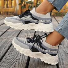 New Women Casual Sneakers, Preppy Style Chunky Sneakers, Lace-Up Round Toe Mesh & Leather Patchwork Breathable Versatile Printed Graffiti College Style Student Outdoor Hiking Leisure Commuting Shoes - 黑色 - 查看 3