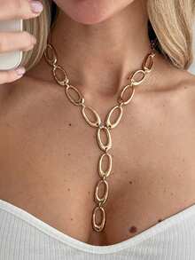 1 pieza Collar largo de metal con sensación minimalista y geométrica hueca en estilo retro, accesorio de collar con colgante asimétrico de aro - Dorado - Ver 2