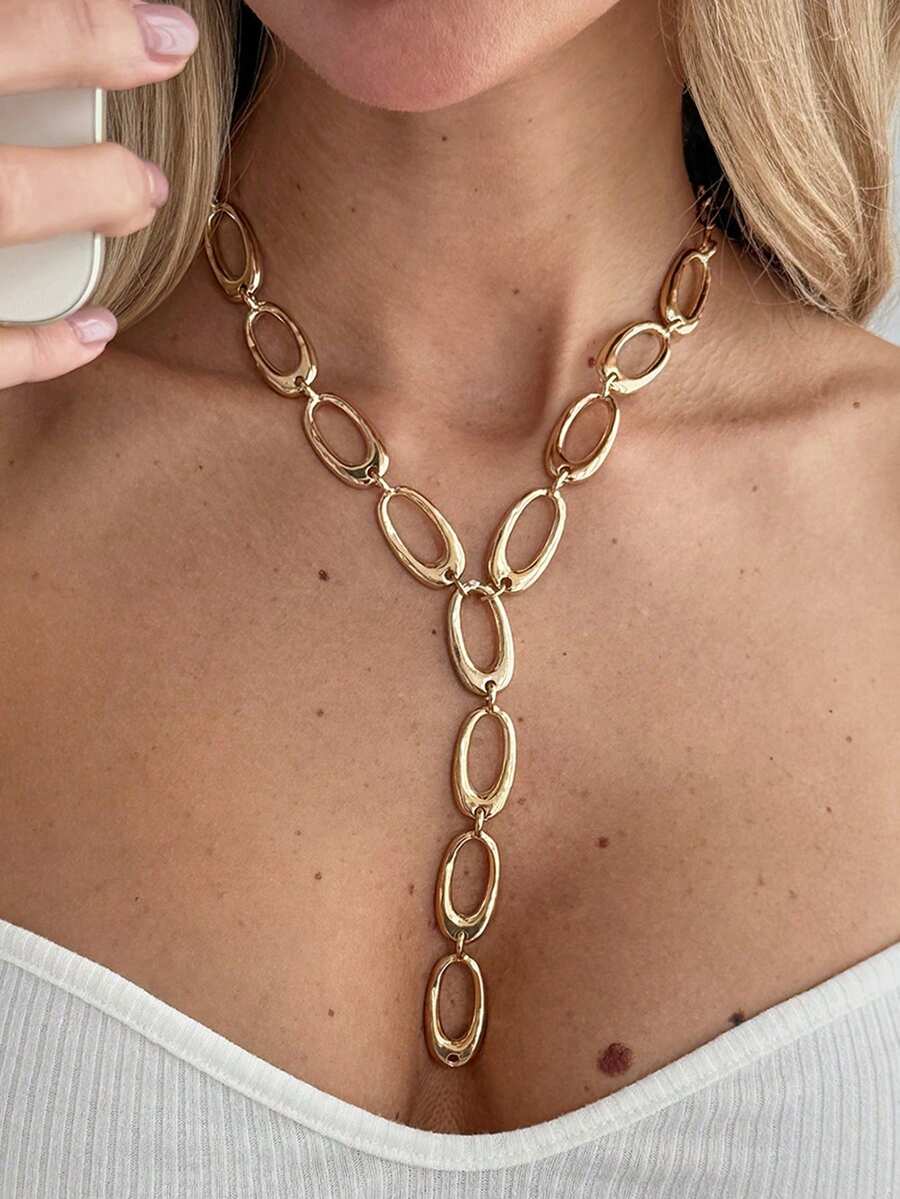 1件复古极简镂空几何金属质感长项链，不对称圆环吊坠项链配饰 - 金色 - 查看 1