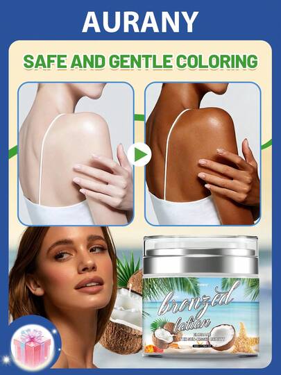 AURANY 50g Loción autobronceadora natural, sin quemaduras solares, desarrolla un tono de piel dorado natural, tez uniforme, de rápida absorción, fórmula nutritiva y humectante adecuada para piel seca y apagada, brillo duradero para todos los tonos de piel