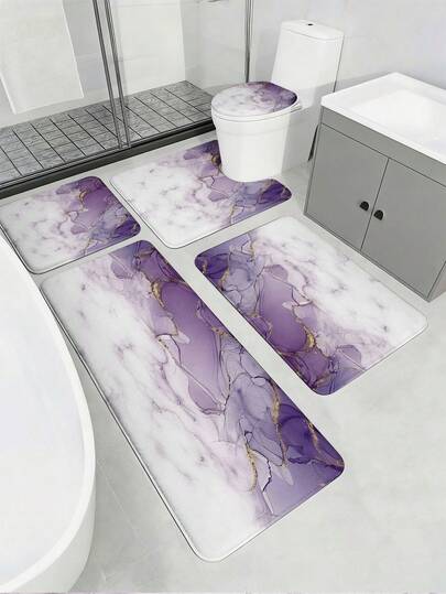 3/5-teiliges Set nordischer moderner Luxus Goldlinie & Goldfolie gepunkteter Marmor Badezimmermatte, Farbverlauf lila Aquarellmarmor Texturmuster, weich saugfähig rutschfest Badezimmer Accessoires - beinhaltet Toilettendeckel, U-förmige Toilettenvorlage, Badezimmertürvorlage, Waschtischvorlage, große Badewannenvorlage - Flanell + Memory-Schaum + Polyesterstoff - waschbar, schimmelresistent Badematten - ideal für Frühling, Badezimmer, Wohnzimmer, Schlafzimmer, Küche, Waschraum - schnell trocknender Bodenbelag, Schulanfang-Grundausstattung, Einweihungsgeschenk, Muttertagsgeschenk.