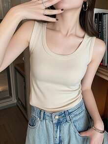 女士休闲纯色圆领背心，夏季 - 杏色 - 查看 5