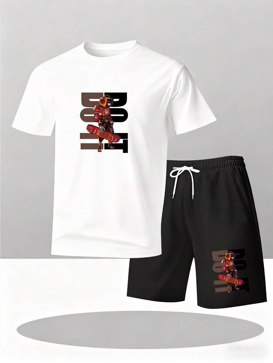 2026 "DO IT" Cyber Mechanical Style Set!T-Shirt And Black Pants Two-Piece Set, Featuring Skateboard Mechanical Warrior Print + Cool Lettering Elements, Futuristic Street Style Short Sleeve And Shorts, Unisex Summer Outfitgraphic Tees Men Summer Outfits - trắng - Xem 1