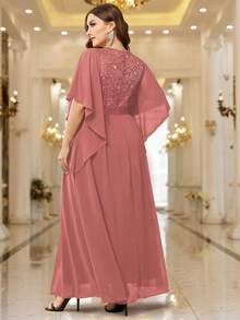 Plus Elegant Sequin Floral Lace Chiffon Butterfly Sleeve Contrast Ruched Hem Formal Party Long Dress, Wedding Guest Dress - Bụi hồng - Xem 2