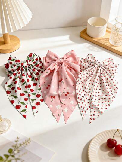 3件套女士樱桃水果蝴蝶结弹力发夹，可爱少女时尚休闲优雅水果发卡，百搭日常佩戴发饰，适合节日、婚礼、送礼等场合