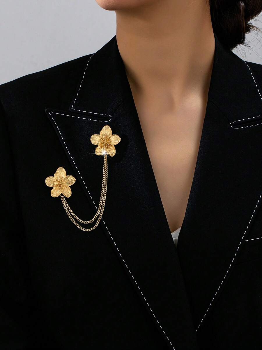 1pc Fashionable Premium Metal Plumeria Pendant Tassel Chain Brooch Suitable For Women's Daily And Formal Occasions - Golden - View 1