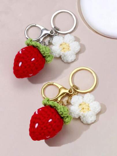2 piezas/1 pieza Llavero de flor de fresa tejido a mano, color versátil dorado/plateado, adecuado para ir al trabajo, viajes, fiestas, llaves de coche/casa, anti-pérdida, regalo del Día de San Valentín para la novia