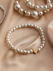 4 Pcs Girls' Pearl Beaded Heart Charm Bracelet Set Valentine's Day Jewelry - Multicolor - View 4