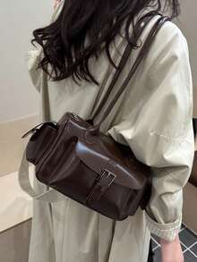 1个复古大容量手提包，通勤大容量腋下包，时尚摩托车包，PU纯色油蜡皮革，饰有肩带，拉链封口，多个口袋，双肩带，女士单肩包，适合通勤、上学、短途旅行、度假、购物、商务、约会、送礼，日常使用 - 咖啡 - 查看 7