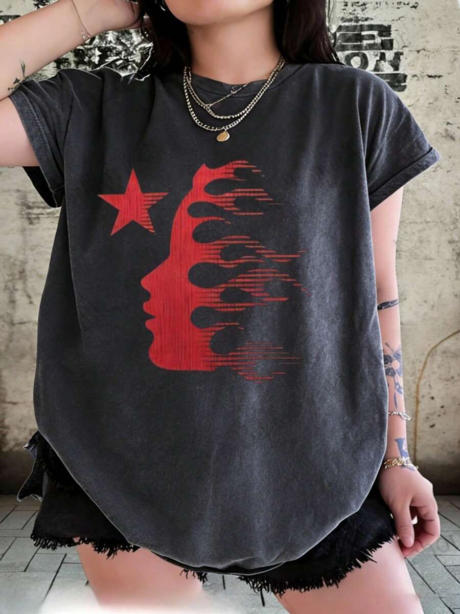 Hellstars Red Speed Flame Profile Retro Washed Print Round Neck Short Sleeve T-Shirt, 230g 100% Cotton T-Shirt, Summer Clothes, Women's Tops, Casual And Comfortable, Fashionable Graphic Tee, Unisex Style - Black - View 1