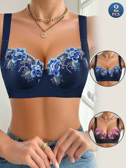 Sujetador acolchado con encaje bordado para mujer (con tirantes anchos) - Realza el busto, levanta, da soporte lateral, sexy, cómodo, de moda, lencería esencial