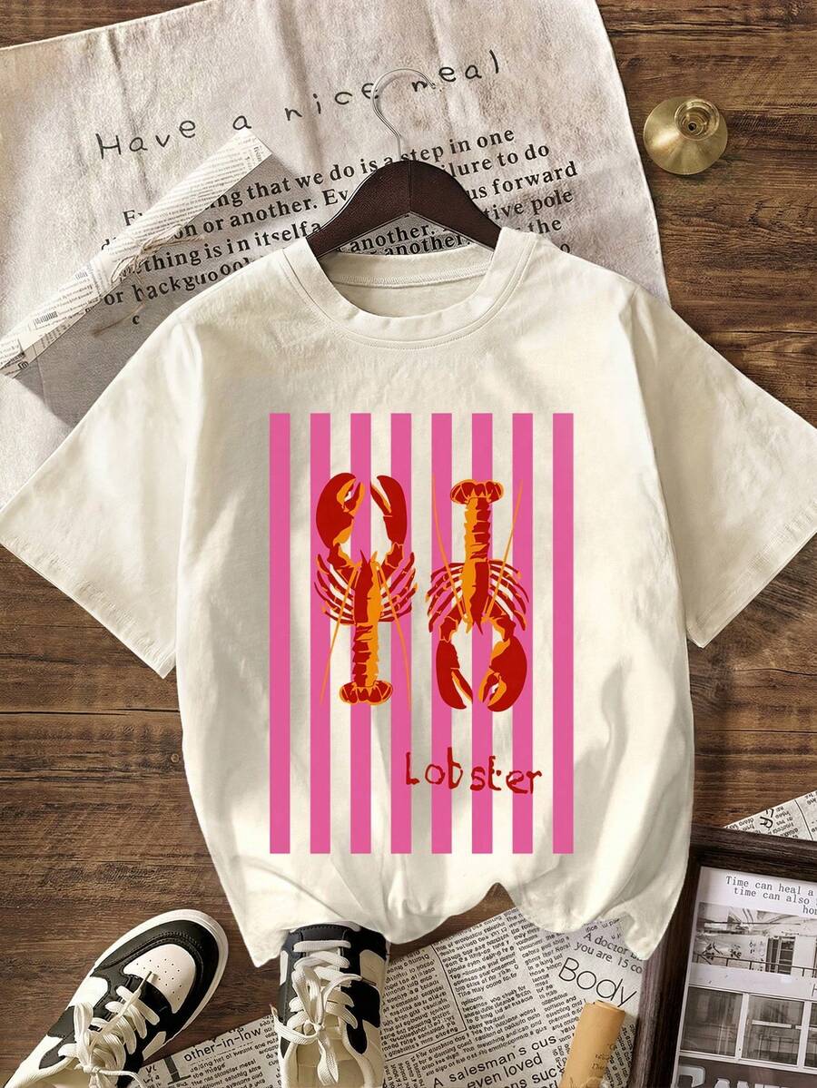 Women's Casual Crew Neck Short Sleeve T-Shirt With Funny Lobster Print, Summer - Light Apricot - View 1