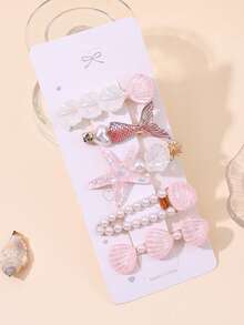 5PCS Shell Hair Clips For Girls Shiny Starfish Alligator Clips Faux Pearl Decor Hair Barrettes With Mermaid Tail For Spring&Summer Holiday Vacation Outfits Nature Headdress Teens Hair Accessories - Multicolor - View 2