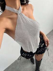Women's Halter Neck Rhinestone Backless Tank Top Designer-inspired High-Fashion Women's Apparel Summer Clothing - Plateado - Ver 3