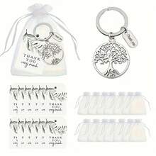 60pcs Life Tree Key Chain Gift Set - Includes 20 Green Leaf Thank You Cards, 20 White Organza Bags, And 20 Hollow Metal Key Chains - Suitable For Graduation, Thanksgiving, Teacher's Day And Other Occasions - Multicolor - View 1