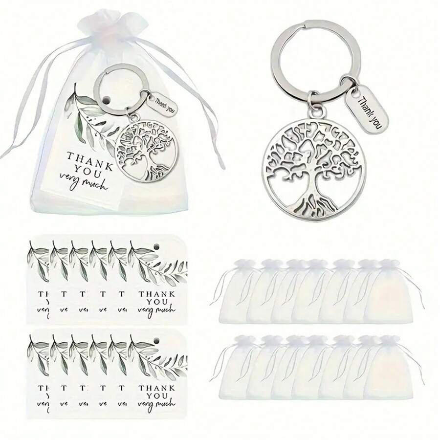 60pcs Life Tree Key Chain Gift Set - Includes 20 Green Leaf Thank You Cards, 20 White Organza Bags, And 20 Hollow Metal Key Chains - Suitable For Graduation, Thanksgiving, Teacher's Day And Other Occasions - Multicolor - View 1