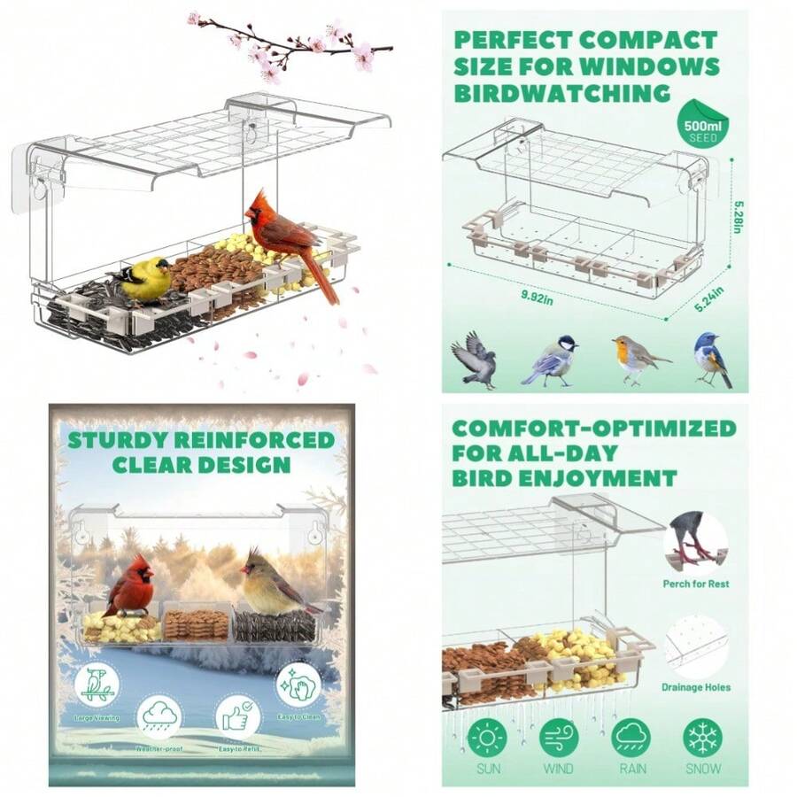 Clear Window Bird Feeder Outdoors - Bird Feeder For Viewing With 5 Perching Stands, Self-Adhesive Hooks, Drain Holes And Removable Tray, As A Birdhouse, Garden Decor - 1 - 查看 1