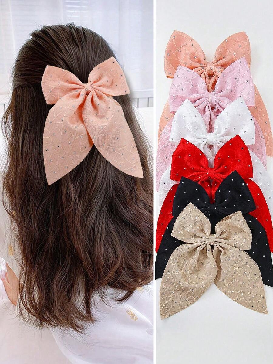 6pcs/Set Girls/Teens Rhinestone Bow Asymmetrical Textured Fabric Hair Clips, Pink/Red/Black, Daily Use Hair Accessories - Multicolor - View 1