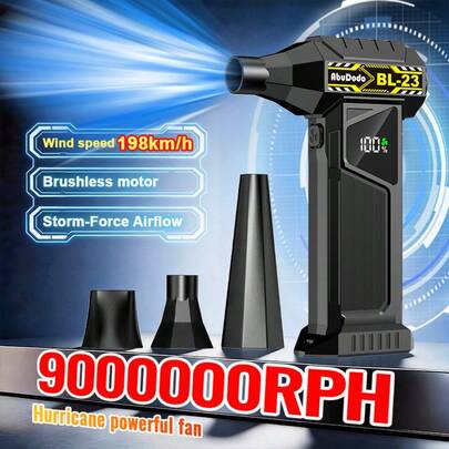 强劲便携式涡轮风扇，USB/Type-C接口，内置2节3000mAh锂电池，风力强劲，多档风速调节，适用于除尘（汽车/电脑）、清理积雪、吹落叶、降温、烧烤等，强力可调式除尘风扇，适用于缝隙吹风，风力强劲，制冷效果好，高功率鼓风机，高效气流，是居家和露营的必备之选。