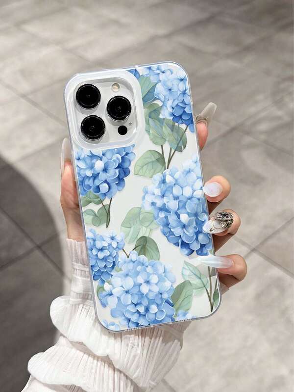 Blue Hydrangea Flower Pattern Anti-Drop Glossy High-Quality Phone Case Compatible With IPhone 17/16 Pro Max, 14/13, 12, 11 Pro Max, XS Max, XR, Plus, Can Be Used As Birthday Gift, Girlfriend, Boyfriend Or Self-Use