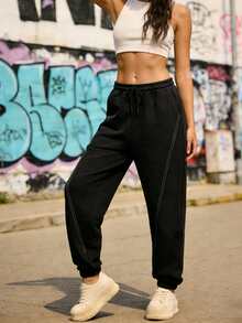 High-Waisted Black Slim-Fit Women's Pants With Visible Seam Design And Elastic Waistband - Black - View 1