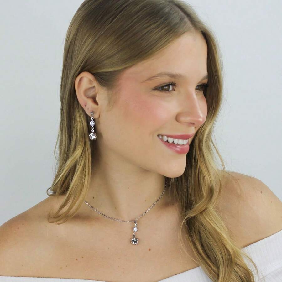 Earrings, Necklace, Pendant, Cubic Zirconia, Crystal And Lucky Clover, Women's Set, Hypoallergenic Stainless Steel - Bạc - Xem 1
