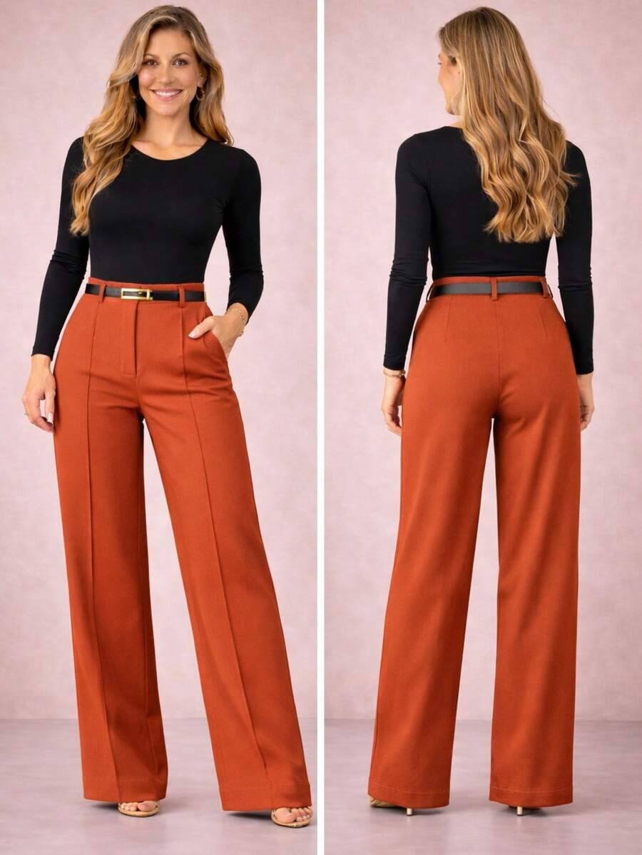 Women's Tailored Trousers With Belt, Super Comfortable - đất nung - Xem 1