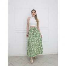 Long, Printed Viscose Skirt, Lined, High Waist With Pockets And Side Slits. - 薄荷綠 - 查看 2