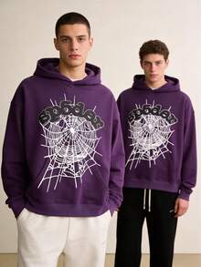 2-Piece Set Men's Hooded Sweatshirt, Spider Web Pattern, Letter Print, Colorful Stars, Street Punk Style, Casual Fitted, Fall & Winter, Graphic Hoodie,Y2k Clothing Streetwear,Mens Winter Clothes - 紫色*2 - 查看 1