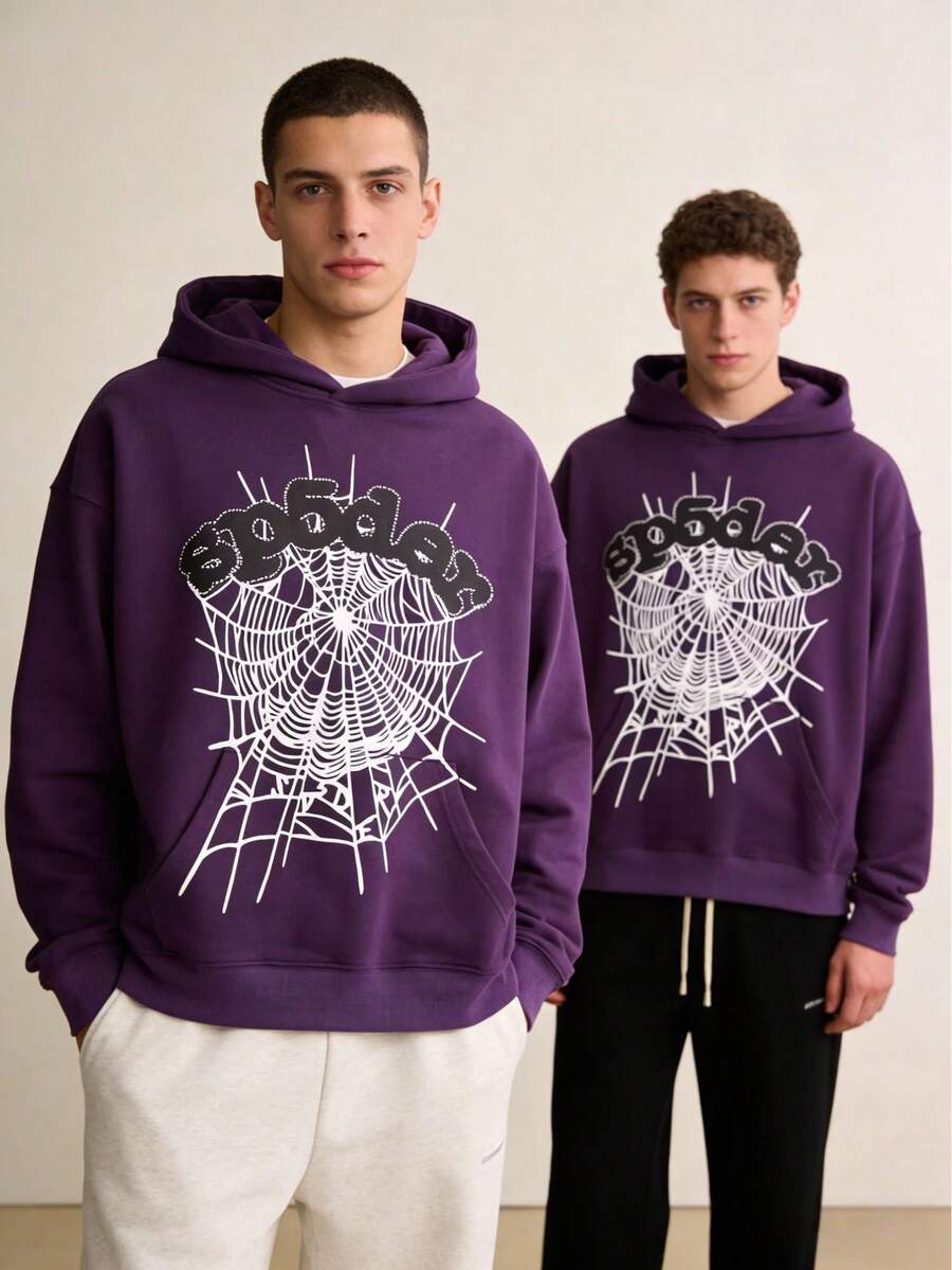 2-Piece Set Men's Hooded Sweatshirt, Spider Web Pattern, Letter Print, Colorful Stars, Street Punk Style, Casual Fitted, Fall & Winter, Graphic Hoodie,Y2k Clothing Streetwear,Mens Winter Clothes - 紫色*2 - 查看 1