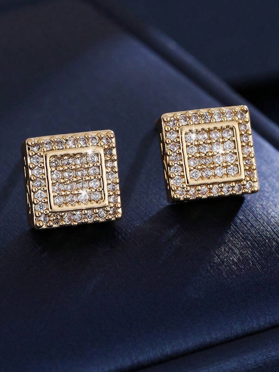 一对优雅方形全钻耳钉，奢华优雅耳环，百搭通勤饰品 - 耳環 - 查看 1