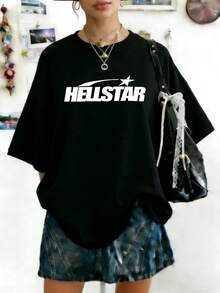 Plus Size Hellstars Minimalist Star Logo Y2K Graphic T-Shirt,220g 100% Cotton,Round Neck Short Sleeve,Black Streetwear Essential For Summer Going Out,Unisex Style - Black - View 1