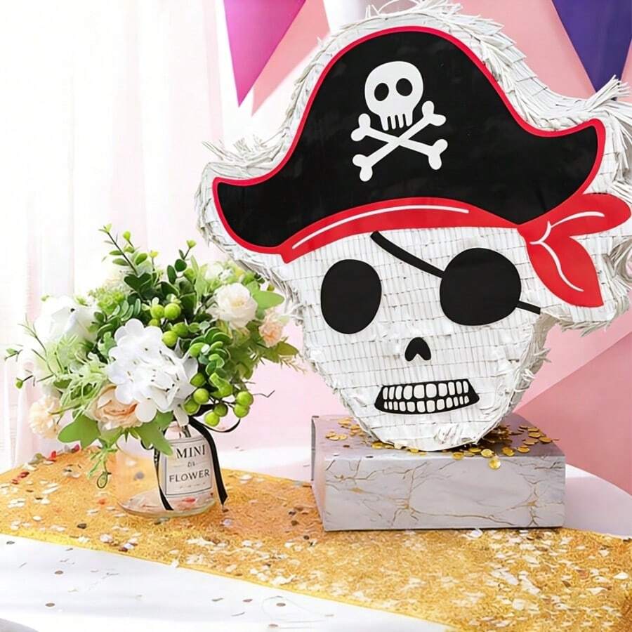 4pcs/Set Pirate Head Shaped Piñata, Ocean Themed Piñata, Suitable For Birthday Party, Party Decoration, Fun Decoration, Photo Prop, Includes Bat & Blindfold, Confetti - View 1