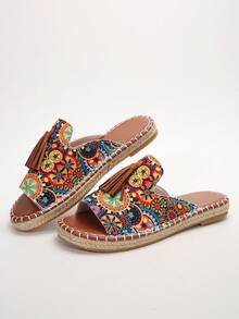 女士流苏凉拖鞋，棕色布面露趾套脚鞋 - 黃色 - 查看 3